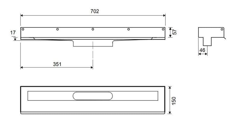 UNIDRAIN 1001 sprchový žľab 700 mm, k stene, bez odtoku, bez roštu, nerez oceľ 1001.0700 Technický nákres