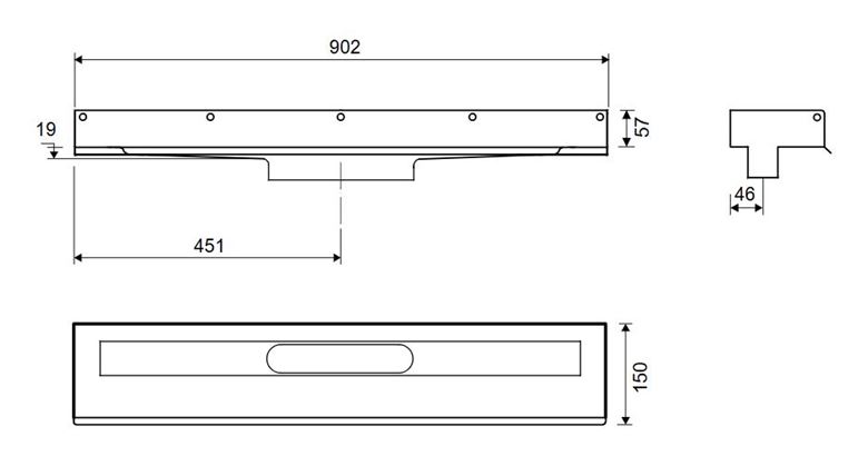 UNIDRAIN 1001 sprchový žľab 900 mm, k stene, bez odtoku, bez roštu, nerez oceľ 1001.0900 Technický nákres