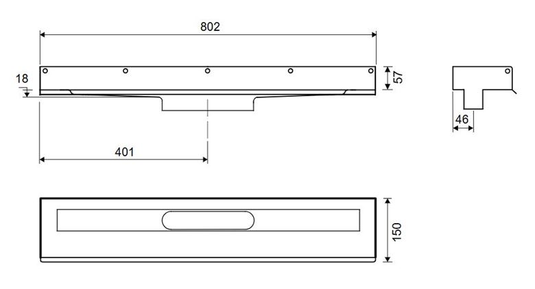 UNIDRAIN 1001 sprchový žľab 800 mm, k stene, bez odtoku, bez roštu, nerez oceľ 1001.0800 Technický nákres