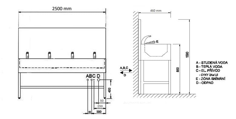 AZP BRNO umývací žľab 250 cm, na podlahu, 4 termostatické senzorové batérie, napájanie zo siete, nerez AUL 01.3.P Technický nákres