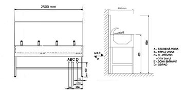 AZP BRNO umývací žľab 250 cm, na podlahu, 4 termostatické senzorové batérie, napájanie zo siete, nerez AUL 01.3.P Technický nákres