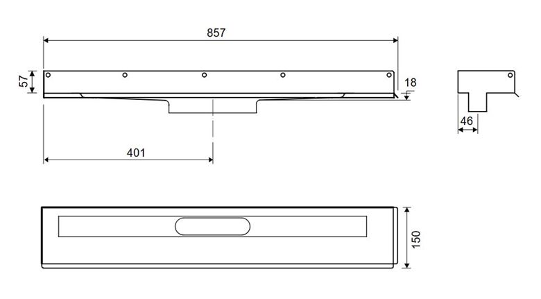 UNIDRAIN 1002 sprchový žľab 800 mm, k stene, bez odtoku, bez roštu, nerez oceľ 1002.0800 Technický nákres