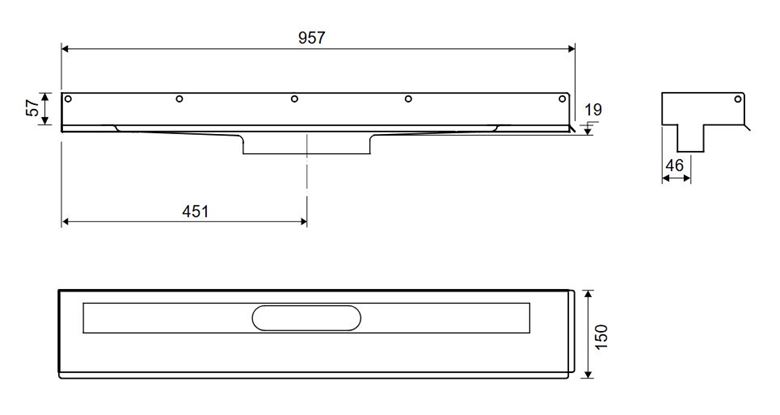 UNIDRAIN 1002 sprchový žľab 900 mm, k stene, bez odtoku, bez roštu, nerez oceľ 1002.0900 Technický nákres