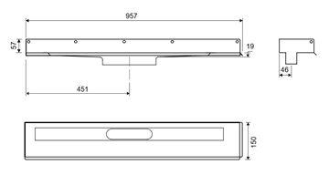 UNIDRAIN 1002 sprchový žľab 900 mm, k stene, bez odtoku, bez roštu, nerez oceľ 1002.0900 Technický nákres