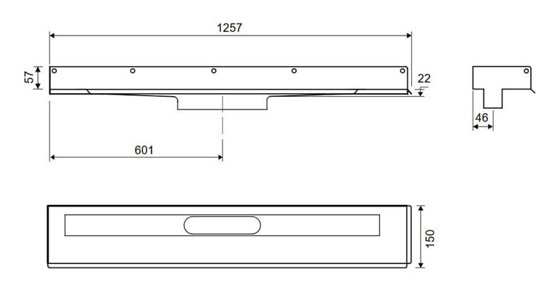 UNIDRAIN 1002 sprchový žľab 1200 mm, k stene, bez odtoku, bez roštu, nerez oceľ 1002.1200 Technický nákres