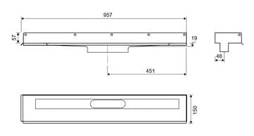 UNIDRAIN 1003 sprchový žľab 900 mm, k stene, bez odtoku, bez roštu, nerez oceľ 1003.0900 Technický nákres