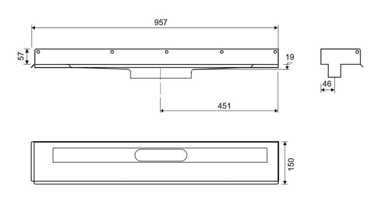 UNIDRAIN 1003 sprchový žľab 900 mm, k stene, bez odtoku, bez roštu, nerez oceľ 1003.0900 Technický nákres