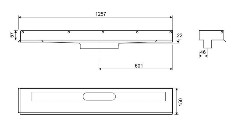 UNIDRAIN 1003 sprchový žľab 1200 mm, k stene, bez odtoku, bez roštu, nerez oceľ 1003.1200 Technický nákres