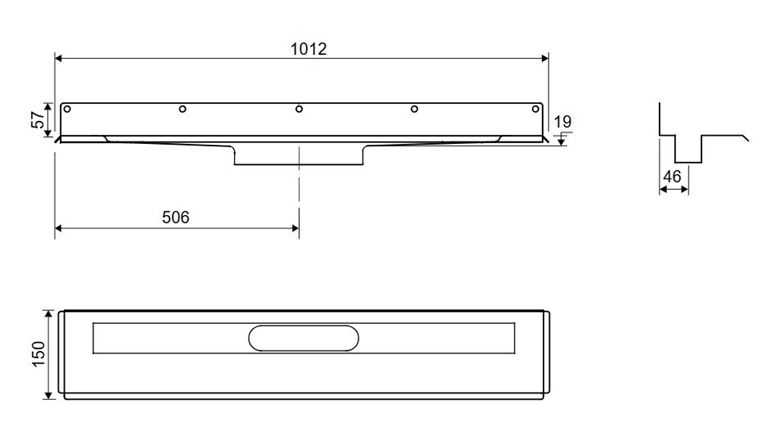 UNIDRAIN 1004 sprchový žľab 900 mm, k stene, bez odtoku, bez roštu, nerez oceľ 1004.0900 Technický nákres