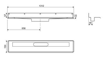 UNIDRAIN 1004 sprchový žľab 1200 mm, k stene, bez odtoku, bez roštu, nerez oceľ 1004.1200 Technický nákres
