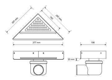 UNIDRAIN 2011 sprchový žľab 377x267 mm, do rohu, bez odtoku, bez roštu, nerez oceľ 2011.0200 Technický nákres