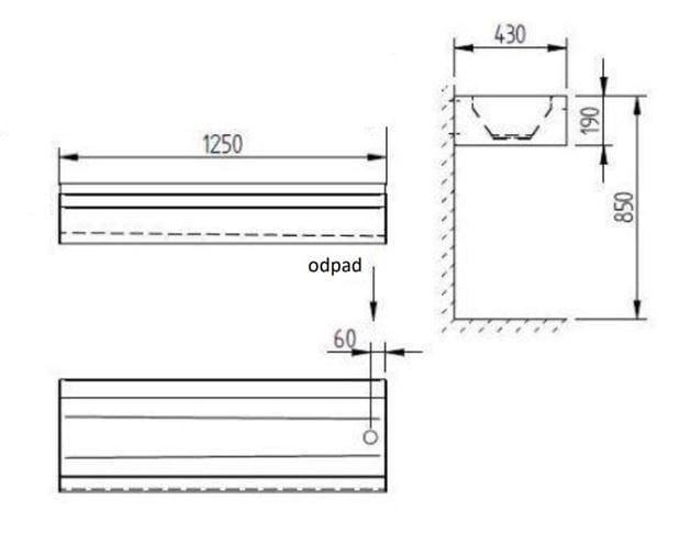 AZP BRNO umývací žľab 125 cm, nerez AUL 06.1.P Technický nákres