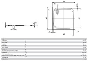 KALDEWEI SUPERPLAN 390-5 sprchová vanička 90x90 cm, smaltovaná oceľ, s nosičom 446947980001 Technický nákres