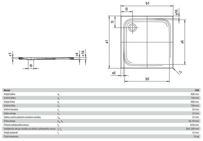 KALDEWEI SUPERPLAN 390-5 sprchová vanička 90x90 cm, smaltovaná oceľ, s nosičom 446947980001 Technický nákres
