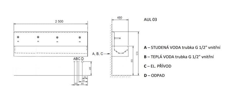 AZP BRNO umývací žľab 250 cm, 4 termostatické senzorové batérie, napájanie zo siete, nerez AUL 03Z.3.P Technický nákres