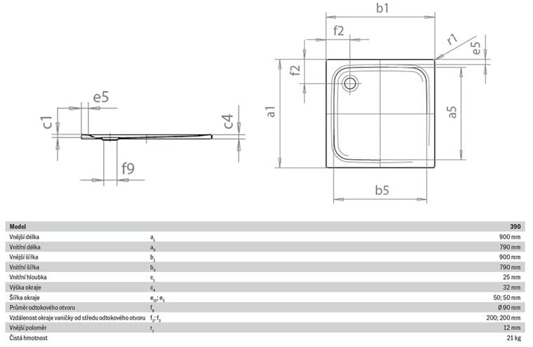 KALDEWEI SUPERPLAN 390-1 sprchová vanička 90x90 cm, smaltovaná oceľ, bez nosiča 446900010001 Technický nákres