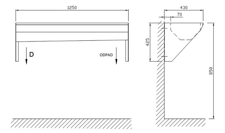 AZP BRNO umývací žľab 125 cm, nerez AUL 04.1.P Technický nákres