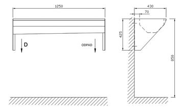 AZP BRNO umývací žľab 125 cm, nerez AUL 04.1.P Technický nákres