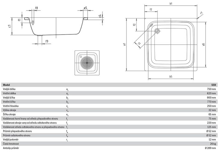KALDEWEI SANIDUSCH 559 sprchová vanička 75x90 cm, smaltovaná oceľ, bez nožičiek, Antislip 332630000001 Technický nákres