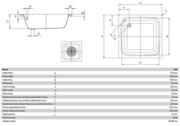 KALDEWEI SANIDUSCH 559 sprchová vanička 75x90 cm, smaltovaná oceľ, bez nožičiek, Antislip 332630000001 Technický nákres