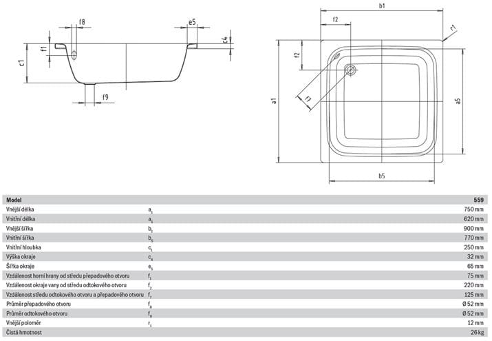KALDEWEI SANIDUSCH 559 sprchová vanička 75x90 cm, smaltovaná oceľ, bez nožičiek 332600010001 Technický nákres