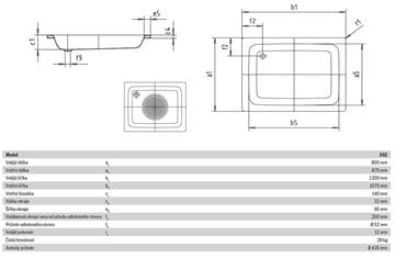 KALDEWEI SANIDUSCH 552 sprchová vanička 80x120 cm, smaltovaná oceľ, bez nožičiek, Perl Effekt, Antislip 448330003001 Technický nákres