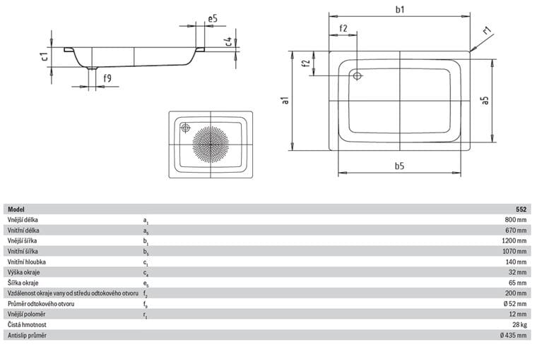 KALDEWEI SANIDUSCH 552 sprchová vanička 80x120 cm, smaltovaná oceľ, bez nožičiek, Antislip 448330000001 Technický nákres
