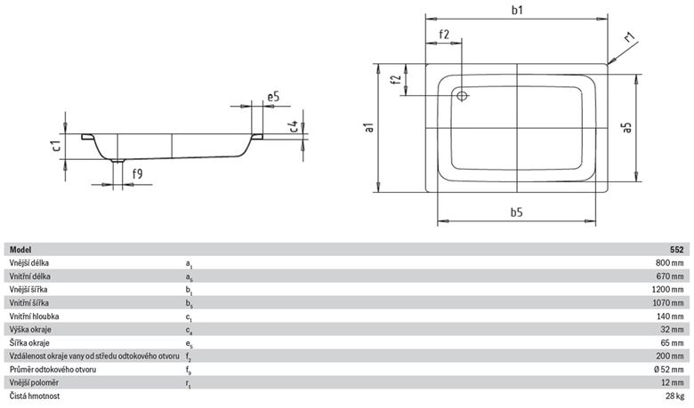 KALDEWEI SANIDUSCH 552 sprchová vanička 80x120 cm, smaltovaná oceľ, bez nožičiek 448300010001 Technický nákres