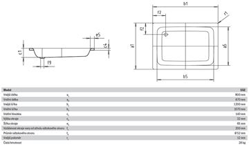 KALDEWEI SANIDUSCH 552 sprchová vanička 80x120 cm, smaltovaná oceľ, bez nožičiek 448300010001 Technický nákres