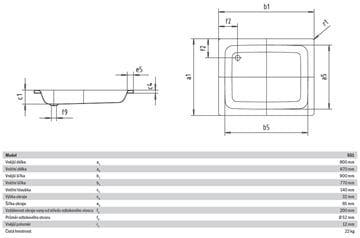 KALDEWEI SANIDUSCH 551 sprchová vanička 80x90 cm, smaltovaná oceľ, bez nožičiek, Perl Effekt 440800013001 Technický nákres