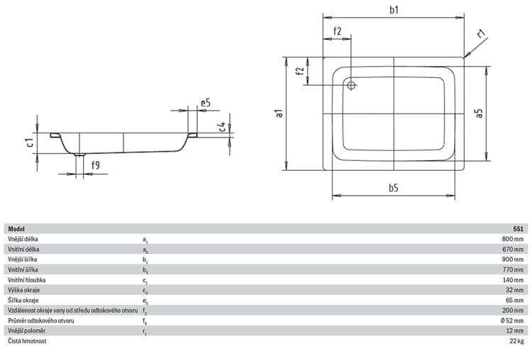 KALDEWEI SANIDUSCH 551 sprchová vanička 80x90 cm, smaltovaná oceľ, bez nožičiek, Perl Effekt 440800013001 Technický nákres