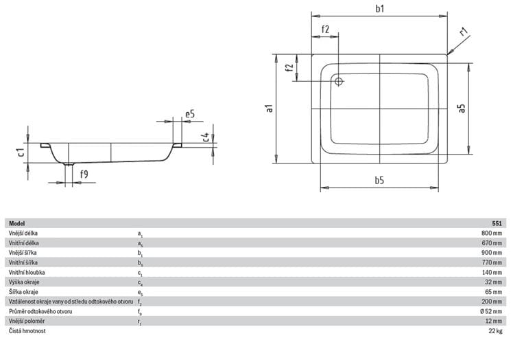 KALDEWEI SANIDUSCH 551 sprchová vanička 80x90 cm, smaltovaná oceľ, bez nožičiek 440800010001 Technický nákres
