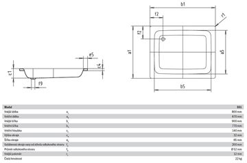 KALDEWEI SANIDUSCH 551 sprchová vanička 80x90 cm, smaltovaná oceľ, bez nožičiek 440800010001 Technický nákres