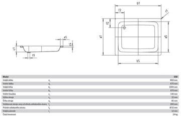 KALDEWEI SANIDUSCH 550 sprchová vanička 80x100 cm, smaltovaná oceľ, bez nožičiek, Perl Effekt 440600013001 Technický nákres