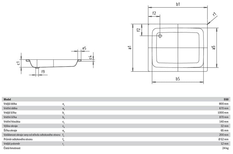 KALDEWEI SANIDUSCH 550 sprchová vanička 80x100 cm, smaltovaná oceľ, bez nožičiek, Perl Effekt 440600013001 Technický nákres