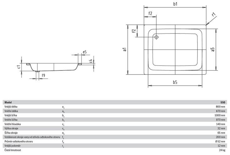 KALDEWEI SANIDUSCH 550 sprchová vanička 80x100 cm, smaltovaná oceľ, bez nožičiek 440600010001 Technický nákres