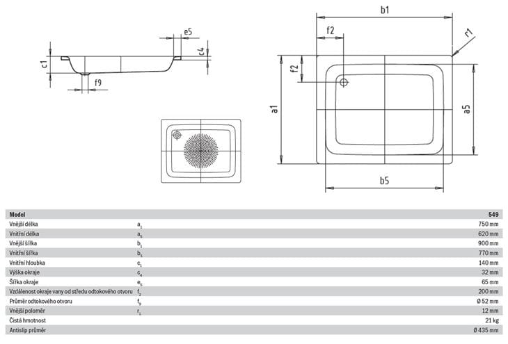 KALDEWEI SANIDUSCH 549 sprchová vanička 75x90 cm, smaltovaná oceľ, bez nožičiek, Antislip 331630000001 Technický nákres