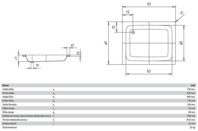 KALDEWEI SANIDUSCH 549 sprchová vanička 75x90 cm, smaltovaná oceľ, bez nožičiek 331600010001 Technický nákres