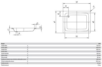 KALDEWEI SANIDUSCH 549 sprchová vanička 75x90 cm, smaltovaná oceľ, bez nožičiek 331600010001 Technický nákres