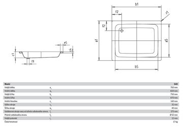 KALDEWEI SANIDUSCH 540 sprchová vanička 70x75 cm, smaltovaná oceľ, bez nožičiek 448000010001 Technický nákres
