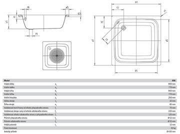 KALDEWEI SANIDUSCH 496 sprchová vanička 90x90 cm, smaltovaná oceľ, bez nožičiek, Perl Effekt, Antislip 332130003001 Technický nákres