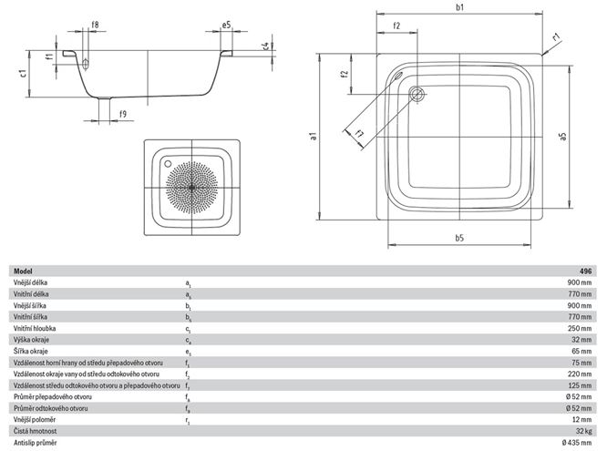 KALDEWEI SANIDUSCH 496 sprchová vanička 90x90 cm, smaltovaná oceľ, bez nožičiek, Perl Effekt, Antislip 332130003001 Technický nákres