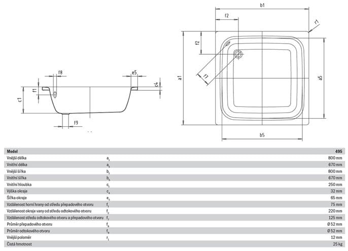 KALDEWEI SANIDUSCH 495 sprchová vanička 80x80 cm, smaltovaná oceľ, bez nožičiek, Perl Effekt 332000013001 Technický nákres