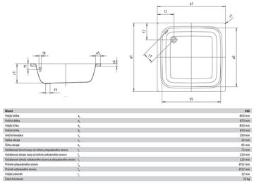 KALDEWEI SANIDUSCH 495 sprchová vanička 80x80 cm, smaltovaná oceľ, bez nožičiek 332000010001 Technický nákres