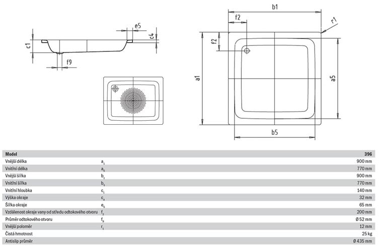 KALDEWEI SANIDUSCH 396 sprchová vanička 90x90 cm, smaltovaná oceľ, bez nožičiek, Perl Effekt, Antislip 331130003001 Technický nákres