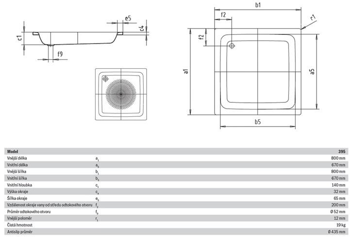 KALDEWEI SANIDUSCH 395 sprchová vanička 80x80 cm, smaltovaná oceľ, bez nožičiek, Antislip 331030000001 Technický nákres