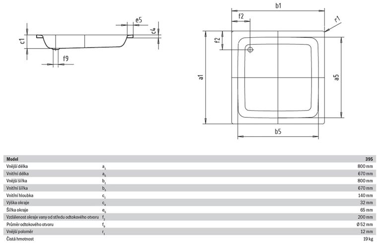 KALDEWEI SANIDUSCH 395 sprchová vanička 80x80 cm, smaltovaná oceľ, bez nožičiek 331000010001 Technický nákres