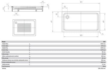 KALDEWEI DUSCHPLAN XXL 427-2 sprchová vanička 100x140 cm, smaltovaná oceľ, s nosičom, Antislip 432735000001 Technický nákres