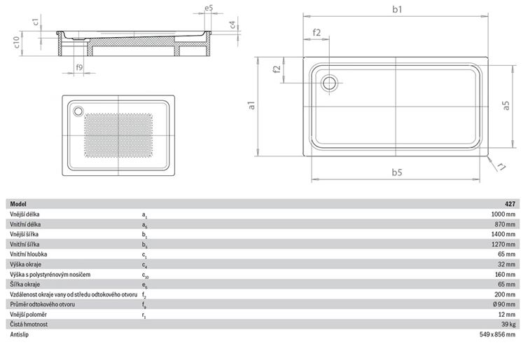 KALDEWEI DUSCHPLAN XXL 427-2 sprchová vanička 100x140 cm, smaltovaná oceľ, s nosičom, Antislip 432735000001 Technický nákres
