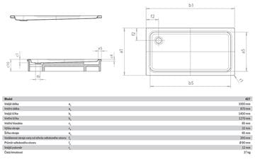 KALDEWEI DUSCHPLAN XXL 427-1 sprchová vanička 100x140 cm, smaltovaná oceľ, bez nosiča, Perl Effekt 432700013001 Technický nákres